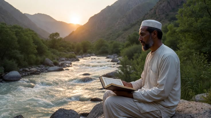 Man Reading Holy Quran in Golden Hour Nature _ River & Mountain Serenity